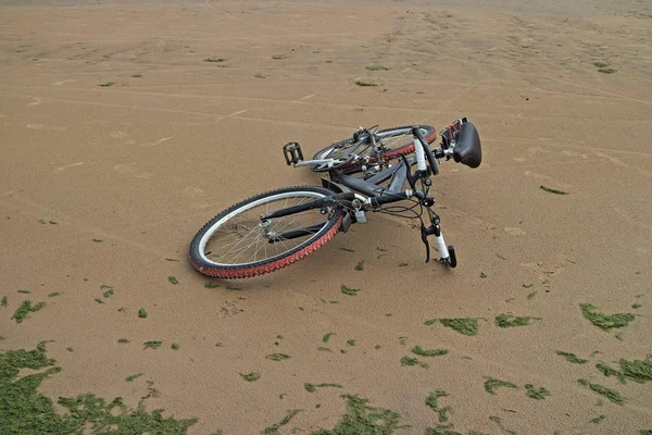 Bicicleta fica na areia uma praia vazia — Fotografia de Stock