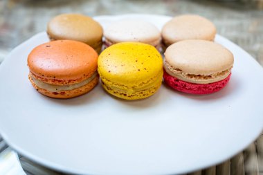 Beyaz yuvarlak plaka üzerinde çeşitli tadında renkli acıbadem kurabiyesi.