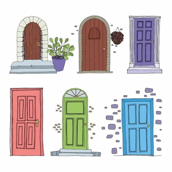 Puertas Conjunto Ilustraciones Decorativas Vectoriales Dibujo Manual — Vector de stock