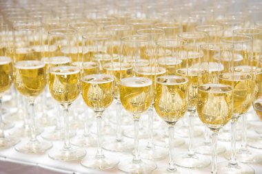 Şampanya dolu bir dizi bardak servis edilmeye hazır olarak dizilir. Kahve molası seminere katılan konuklara servis için hazırlanın.toplantı odasında mola süresi