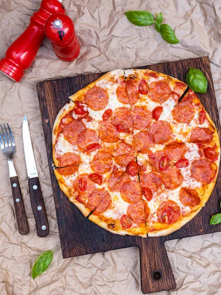 Classic Salami Pizza Lot Salami Wooden Board Some Greens — Stock Photo, Image