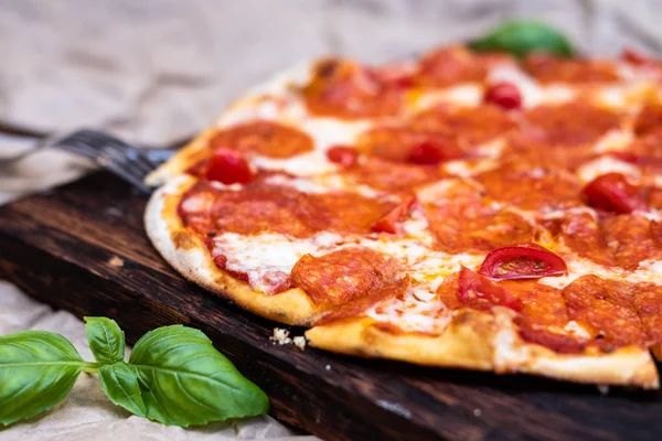 Classic Salami Pizza Lot Salami Wooden Board Some Greens — Stock Photo, Image