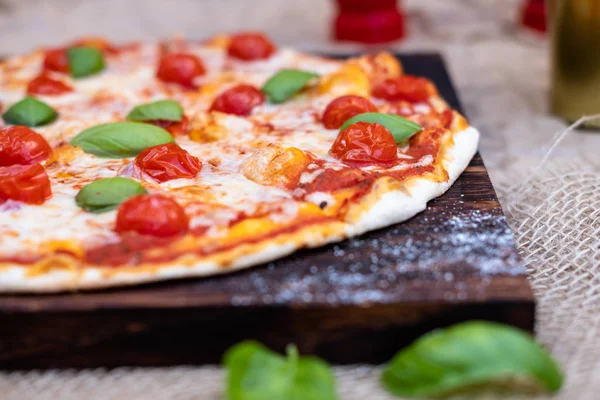 Margarita Pizza Wooden Board Cutlery Basil Leafs — Stock Photo, Image