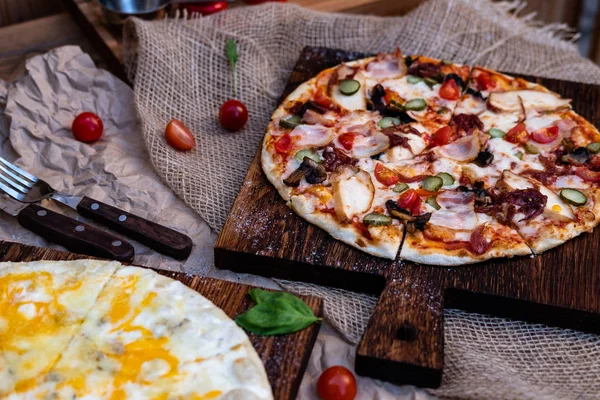 Two Pizzas One Three Types Mea Ant Tomato Sauce Another — Stock Photo, Image