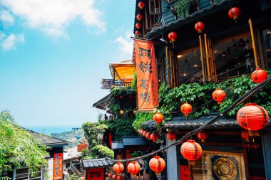 Jiufen, Tayvan - 26 Nisan 2018: Çayevinde Jiufen eski Street