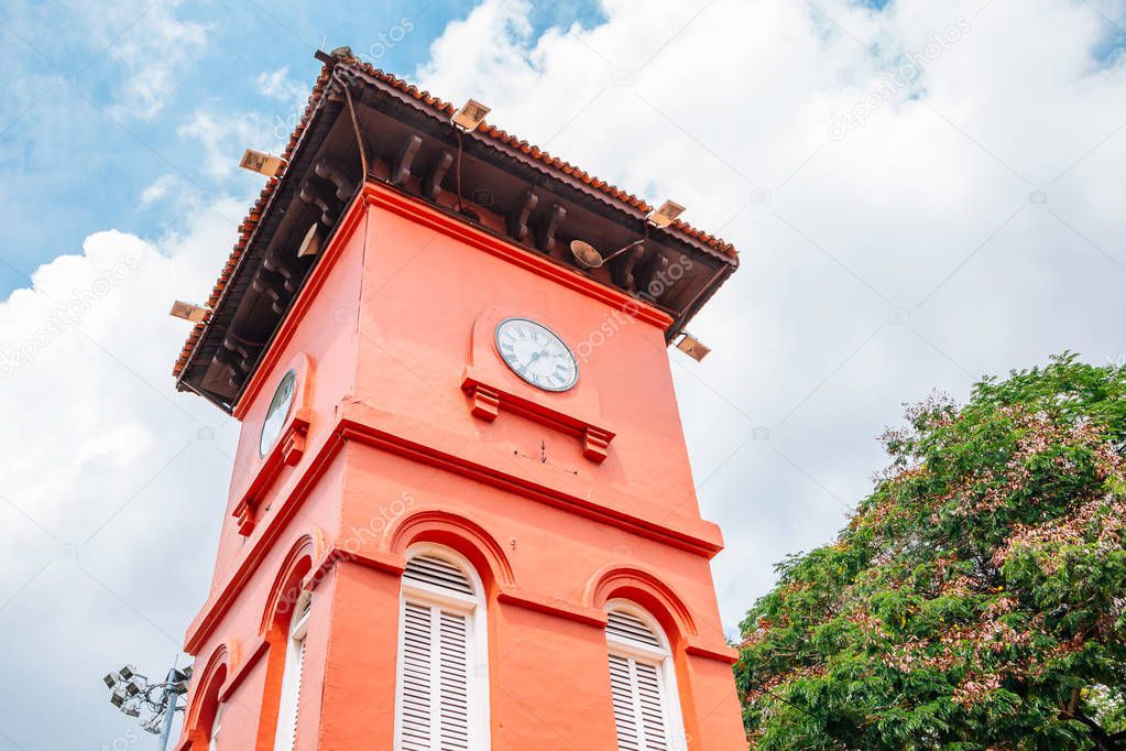 Pink clock tower at Dutch Square in Malacca, Malaysia