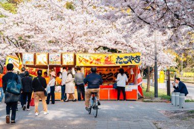 Osaka, Japonya - 5 Nisan 2016: Japonca sokak gıda tezgahları Osaka Kalesi kiraz çiçekleri Festivali
