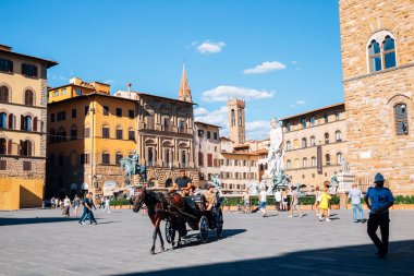 Florence, İtalya - 14 Ağustos 2016: At ve Neptün Çeşmesi Piazza della Signoria, taşıma