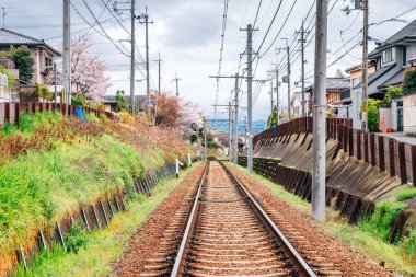 Demiryolu ve kyoto, Kyoto, Japonya kiraz çiçekleri ile eski şehir