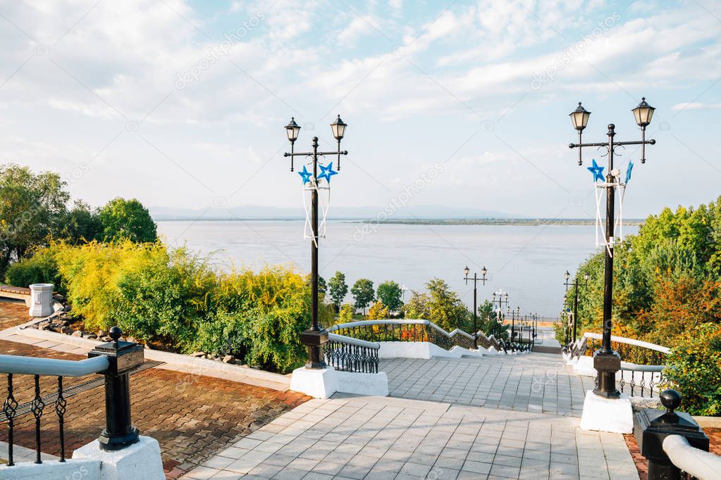 Amur river and riverside park in Khabarovsk, Russia