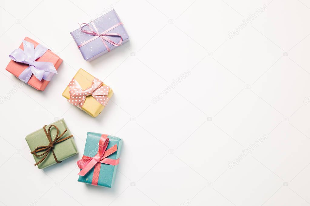 Colorful gift boxes isolated on white background