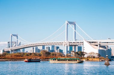 Tokyo Körfezi ve Odaiba Gökkuşağı Köprüsü Japonya'da