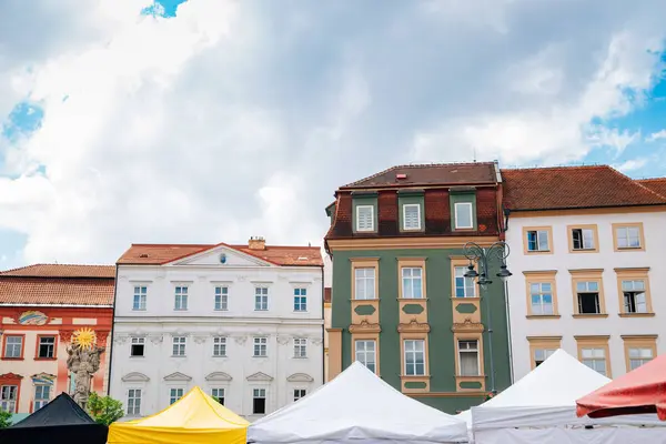 Market square colorful buildings in Brno, Czech Republic