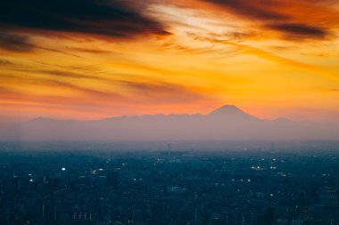 Dağ fuji ve gün batımında cityscape Tokyo, Japonya