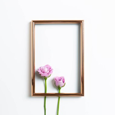 Beyaz arka planda pembe gül çiçekleri olan boş bir fotoğraf çerçevesi. Çiçek kompozisyonu, düz konum, üst görünüm, kopyalama alanı