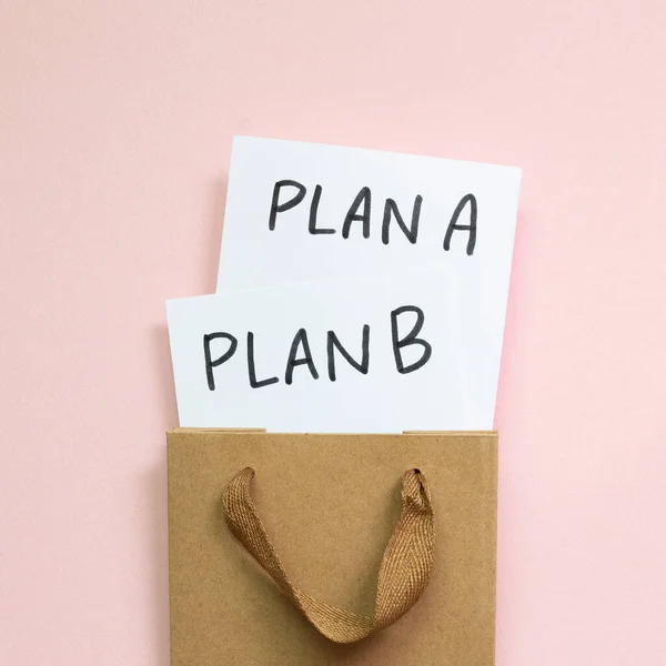 Plan A and plan B in a kraft paper bag on pink background. Business plan, choice, change, dilemma concept. top view