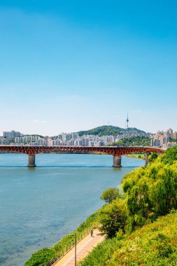 Seongsu Köprüsü ve Seul manzarası Kore 'deki Han Nehri Parkı' nda.