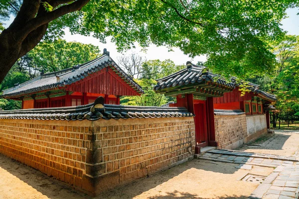 Korejská Tradiční Architektura Letními Zelenými Stromy Svatyni Jongmyo Soulu Korea — Stock fotografie