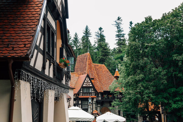 Old houses with green trees near Peles Castle in Sinaia, Romania