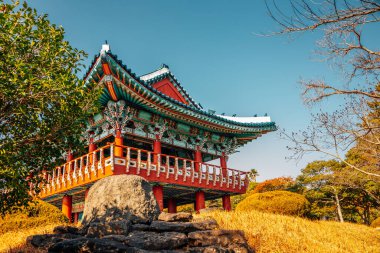 Kore geleneksel pavyonu Jeju Adası, Kore 'deki Cheonjeyeon şelale parkında.