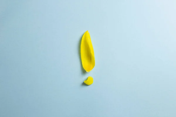 Żółty Liść Kwiatu Wykrzyknik Odizolowany Niebieskim Tle Koncepcja Rozwiązania — Zdjęcie stockowe