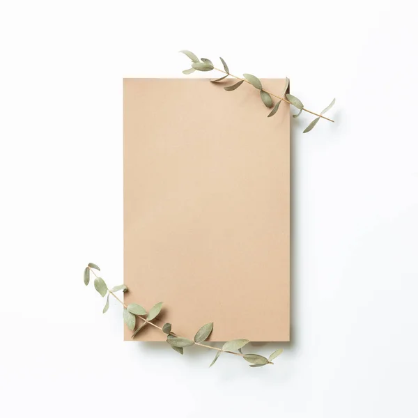 Kraft brown memo pad, empty paper with eucalyptus leaves on white background. top view, copy space