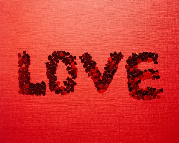 Beautiful Inscription Red Sequins Form Hearts Valentine Day Wedding Inscription — Stok fotoğraf