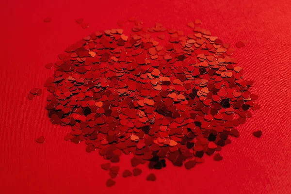 Many Sparkles Form Red Hearts Red Background Beautiful Valentine Day — Zdjęcie stockowe