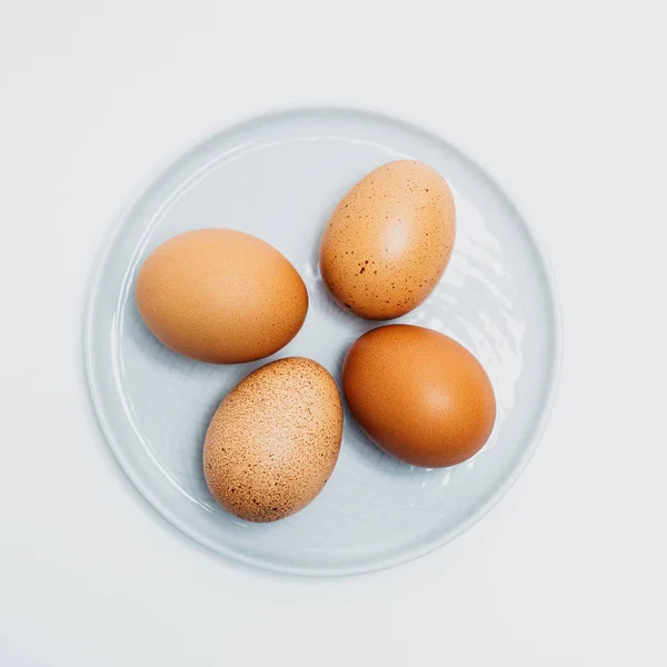 棕色鸡肉新鲜美味健康鸡蛋在盘子顶视图上 在白色背景的盘子里的蛋被拍到接近 — 图库照片
