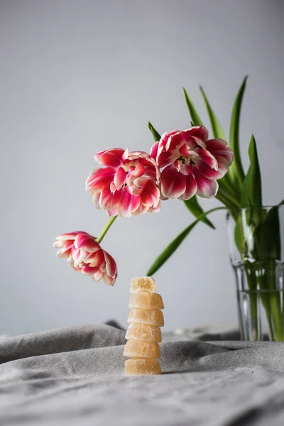Marmellata Tulipani Sullo Sfondo Grigio Foto Stock Royalty Free