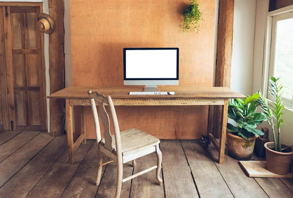 Monitor Computadora Blanco Escritorio Casa Casa Madera Luz Natural — Foto de Stock