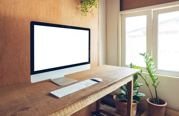 Monitor Computadora Blanco Escritorio Casa Casa Madera Luz Natural — Foto de Stock