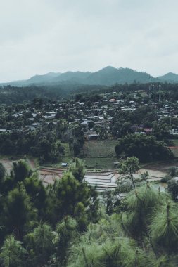 Yağmur mevsiminde dağ ve köy manzarası ve tarlaları