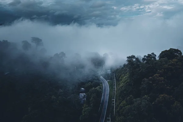 Niebla Camino Montañas Árboles Verdes Después Lluvia — Foto de Stock