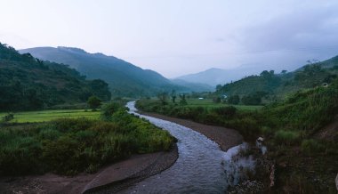 Dağlar ve yeşil pirinç tarlaları. Asya 'da doğa.