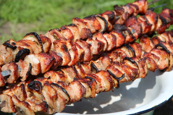 Appetitliche Schaschlik Auf Spießen Auf Dem Teller Schweinefleisch Gekocht Grill — Stockfoto