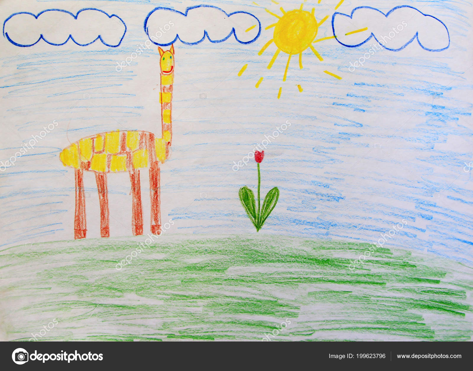Illustrazione Dei Bambini Con Giraffa Che Pascuta Sul Prato