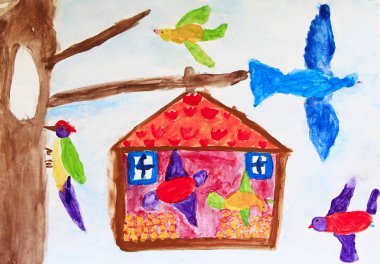 Ağaçta kuş kuş besleyici. Çocuk çizim kuşlar yalak gıdalardan ağaç üstünde yer. Parlak yaz. Sanat suluboya tarafından çizilmiş. Çocuklar kağıt üzerinde su renk boya çizim