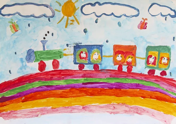 Child\'s drawing of merry train traveling along rainbow in rain. Funny drawing of child. Children\'s art. Train painted by child. Colored and bright child drawing. Children\'s holidays