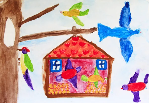 Comedero Aves Árbol Los Pájaros Dibujo Los Niños Comen Comida — Foto de Stock