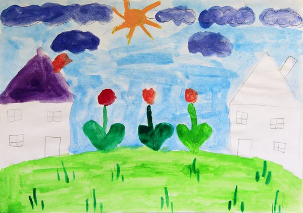 Dibujo Infantil Casas Prado Flores Los Colores Brillantes Del Verano —  Fotos de Stock