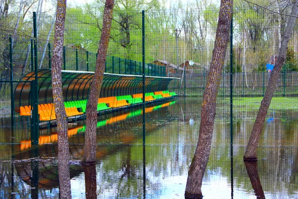 Football Field Flood River Small Football Stadium Fenced Net Flooded — Stock Photo, Image