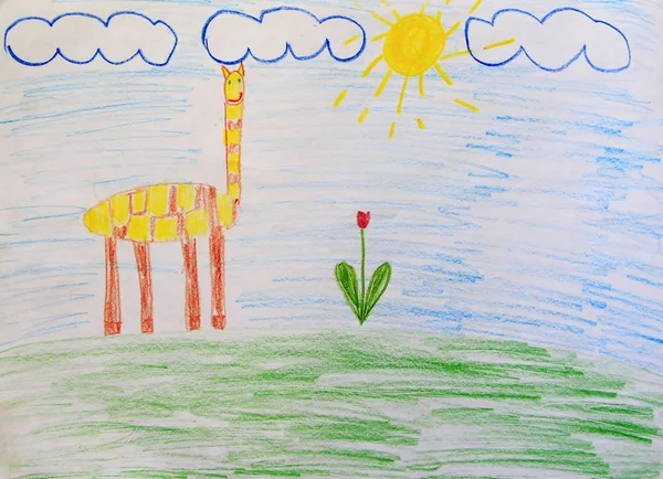 Children\'s drawing with giraffe, which is grazed on lawn in summer. Funny drawing of child with giraffe on meadow. Bright summer. Artwork drawn by watercolors. Drawing water color