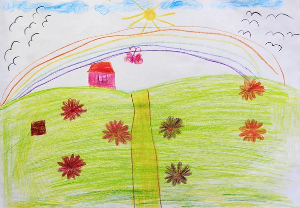 Joy children\'s drawing with rainbow and flowers on hill. Kid\'s drawing with flowers and colorful rainbow. Summer by eyes of children. Childish drawing