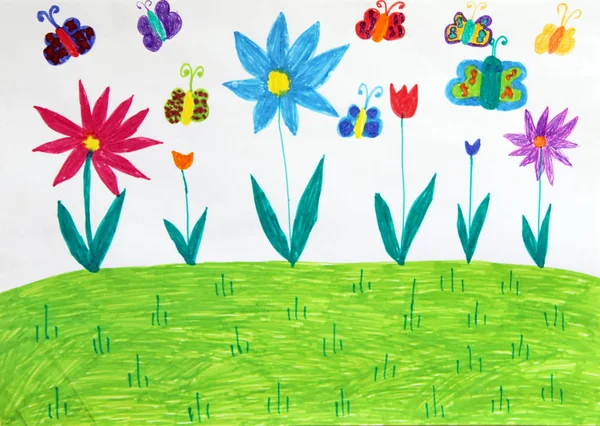 Gekleurde Kinder Tekening Met Vlinders Bloemen Weide Kid Tekening Met — Stockfoto