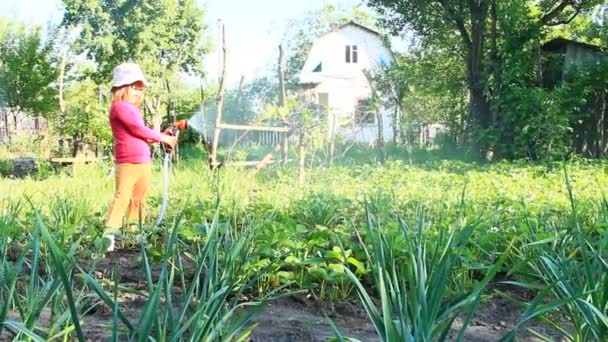 Menina Está Regando Jardim Cama Irrigação Pomar Criança Regar Camas — Vídeo de Stock