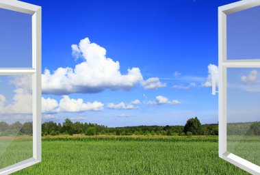 Açılan pencerede yaz alana. Kırsal manzara. Panorama açılan penceresinden. Doğa pencerenin arkasında