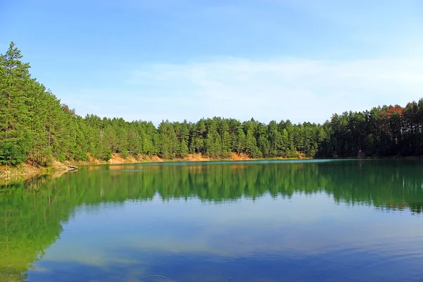Hermoso Lago Bosque Con Agua Esmeralda Bosque Pinos Magnífica Vista —  Fotos de Stock