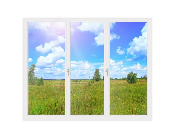 Window isolated with view to summer field. Rural view. Panorama from window to summer field. Nature behind window. Window frame isolated on white background