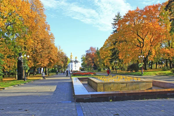 Chernihiv Ucrania Octubre 2017 Pasajeros Pasan Por Parque Otoño Otoño —  Fotos de Stock